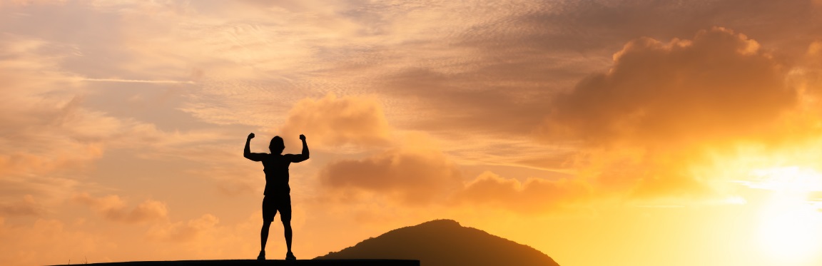 A person stands firmly on top of a high structure with their fists up in the air. Behind them is a mountain top and a glowing sunset.