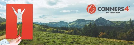 A red paper cutout of a child with their hands up. The background behind the cutout is a mountain landscape. The Conners 4th Edition logo is on the right side of the image.