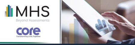 MHS logo and Core Systems logo next to an image of a person holding a tablet device.