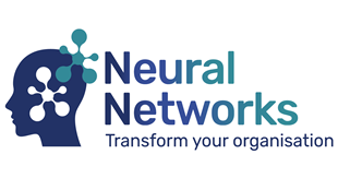 Logo for Neural Networks. On the left, a silhouette of a human head contains interconnected nodes symbolizing neural networks. To the right, the text 'Neural Networks' appears in blue gradient. Below, the tagline reads: 'Transform your organisation.'
