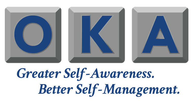 Logo with three gray square buttons, each containing a blue letter: 'O', 'K', and 'A'. Below the buttons, the tagline reads: 'Greater Self-Awareness. Better Self-Management.'