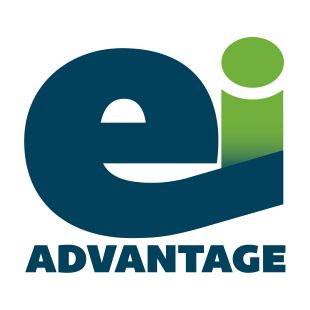 Logo with lowercase letters 'ei'—'e' in dark blue and 'i' on the tail of the 'e', with a dark blue base into green with green dot. Below, the word 'ADVANTAGE' appears in uppercase dark blue letters.