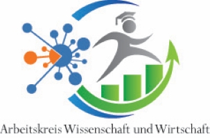 Logo for Arbeitskreis Wissenschaft und Wirtschaft showing a stylized figure with a graduation cap running up green ascending bar graphs, symbolizing progress and education. To the left, a network of blue and orange interconnected nodes represents scientific research and collaboration. A circular arrow in blue and green encircles the elements, indicating continuous development. Below the graphic, the organization's name is written in a serif font.