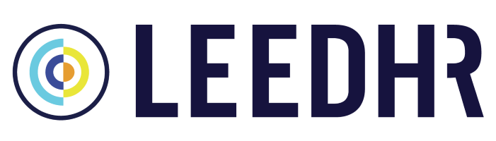 Logo for LeedHR featuring the word 'LEEDHR' in bold, dark blue capital letters. To the left of the text is a circular design made up of concentric circles in blue, light blue, yellow, and orange, enclosed within a dark blue ring.