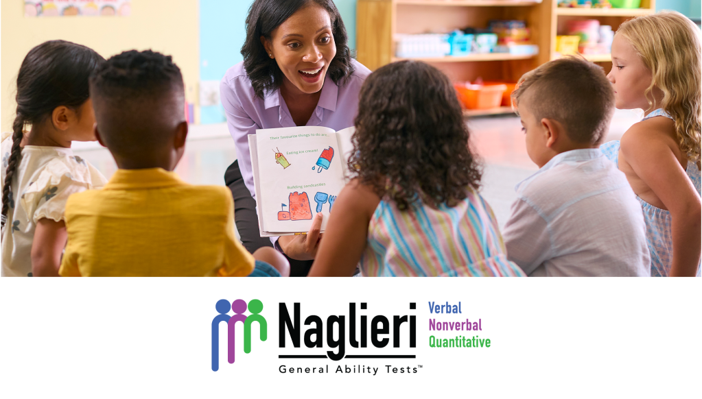 An image of a teacher sitting on the floor reading an illustrated book to five young children seated in a semi-circle. The Naglieri General Ability Tests™ logo appears beneath the image.