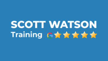 Logo on a blue background featuring the text 'SCOTT WATSON' in large white capital letters, with 'Training' in smaller white letters below. To the right of 'Training' is a Google logo followed by five yellow stars, indicating a five-star rating.